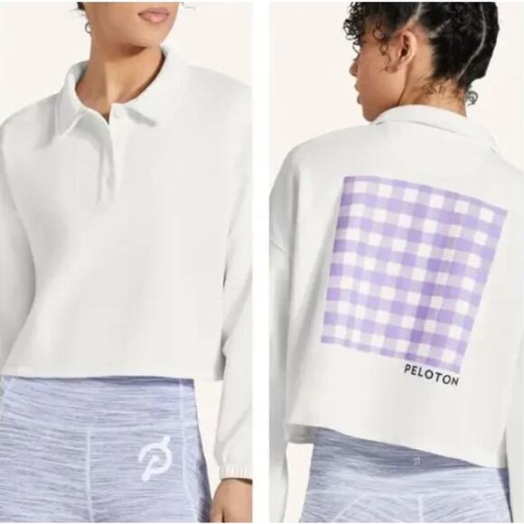 Peloton Gingham Logo Cropped Polo Sweatshirt White Purple L - Picture 1 of 10
